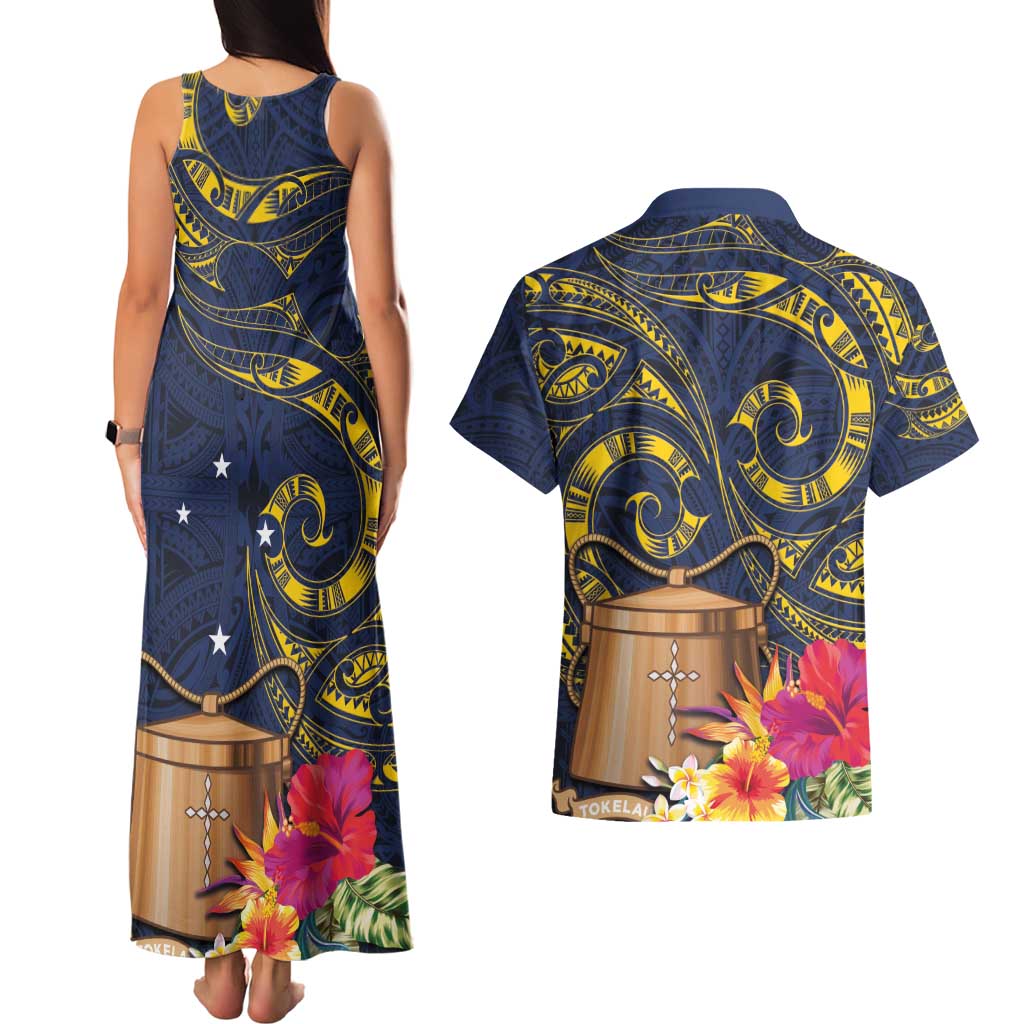 Tokelau Tokehega Day Couples Matching Tank Maxi Dress and Hawaiian Shirt Coat of Arms with Polynesian Tattoo and Hibiscus