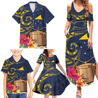 Tokelau Tokehega Day Family Matching Summer Maxi Dress and Hawaiian Shirt Coat of Arms with Polynesian Tattoo and Hibiscus