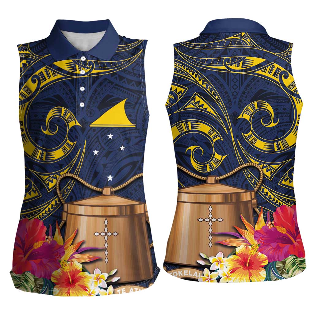 Tokelau Tokehega Day Women Sleeveless Polo Shirt Coat of Arms with Polynesian Tattoo and Hibiscus