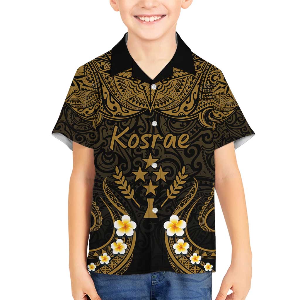 Personalised Kosrae Liberation Day Family Matching Summer Maxi Dress and Hawaiian Shirt Polynesian Tattoo and Plumeria Gold Color