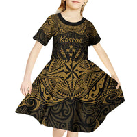 Personalised Kosrae Liberation Day Kid Short Sleeve Dress Polynesian Tattoo and Plumeria Gold Color