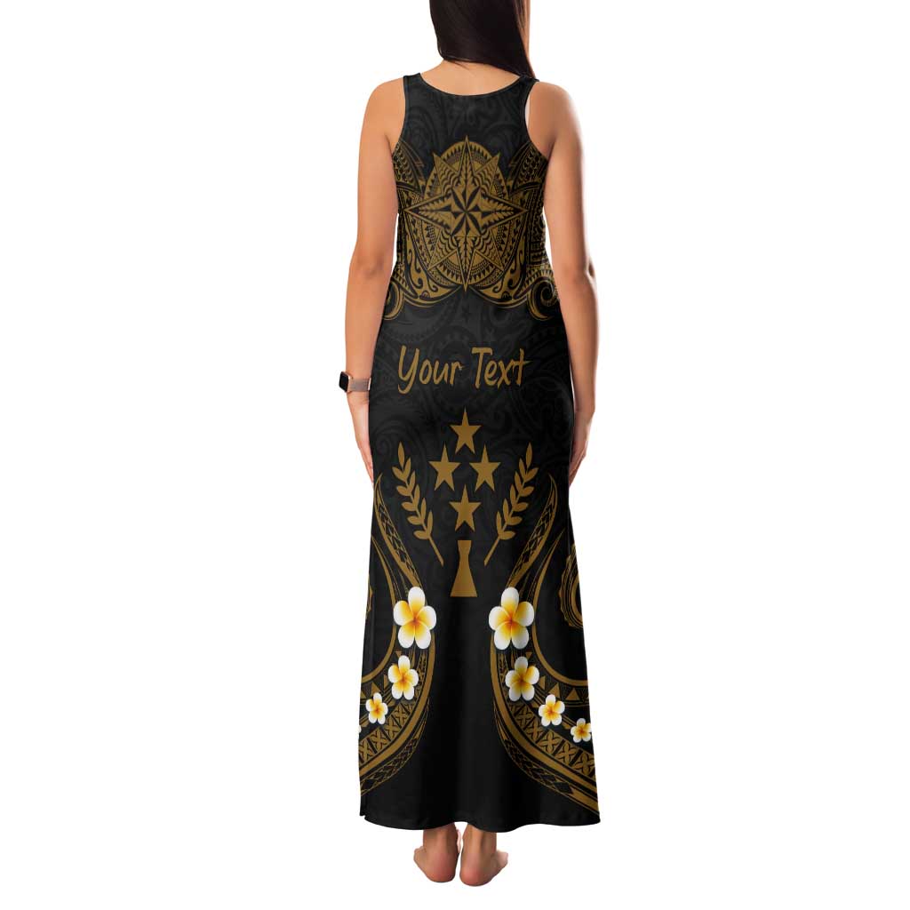 Personalised Kosrae Liberation Day Tank Maxi Dress Polynesian Tattoo and Plumeria Gold Color