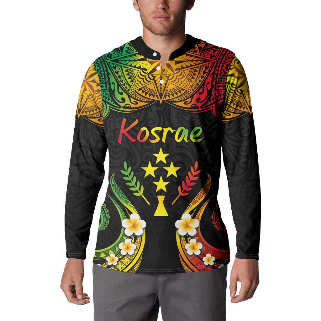 Personalised Kosrae Liberation Day Button Sweatshirt Polynesian Tattoo and Plumeria Reggae Color