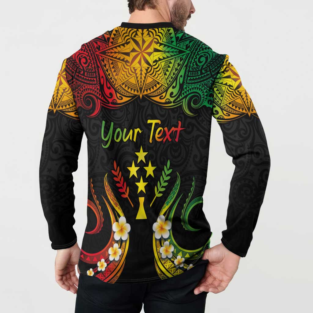 Personalised Kosrae Liberation Day Button Sweatshirt Polynesian Tattoo and Plumeria Reggae Color