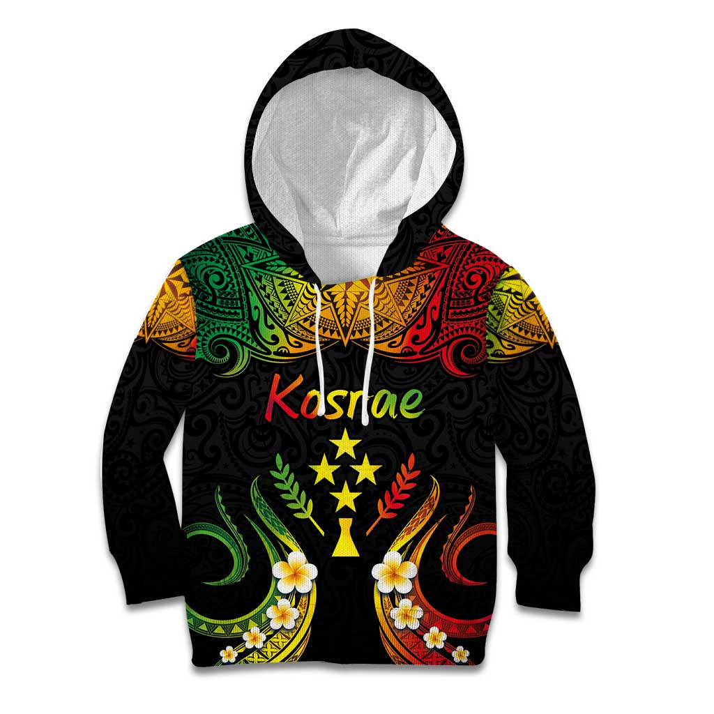 Personalised Kosrae Liberation Day Kid Hoodie Polynesian Tattoo and Plumeria Reggae Color