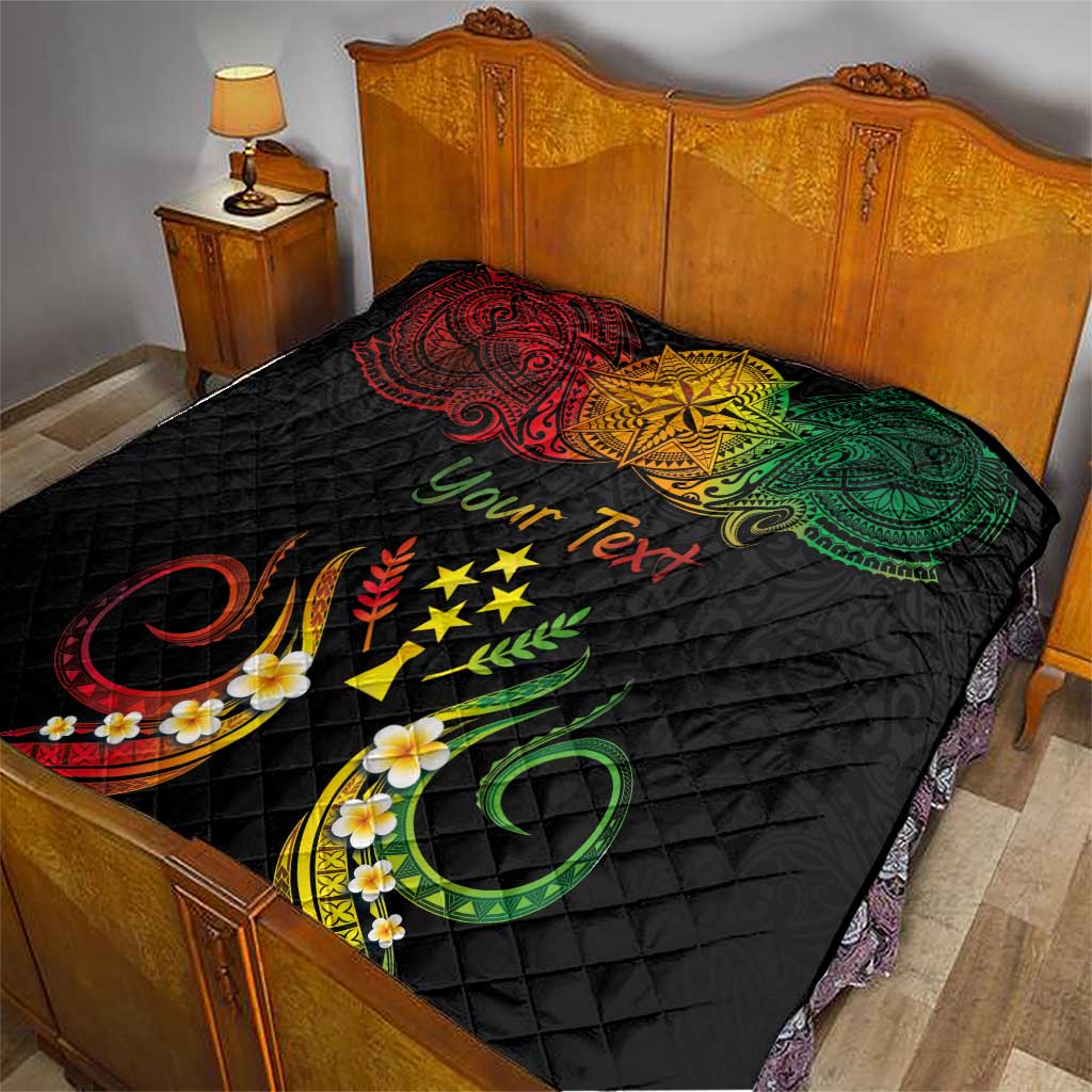 Personalised Kosrae Liberation Day Quilt Polynesian Tattoo and Plumeria Reggae Color