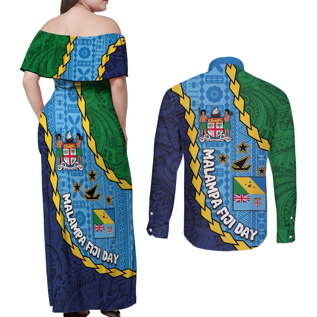 Malampa Fiji Day Couples Matching Off Shoulder Maxi Dress and Long Sleeve Button Shirt National Symbols with Tapa Tribal and Polynesian Tattoo