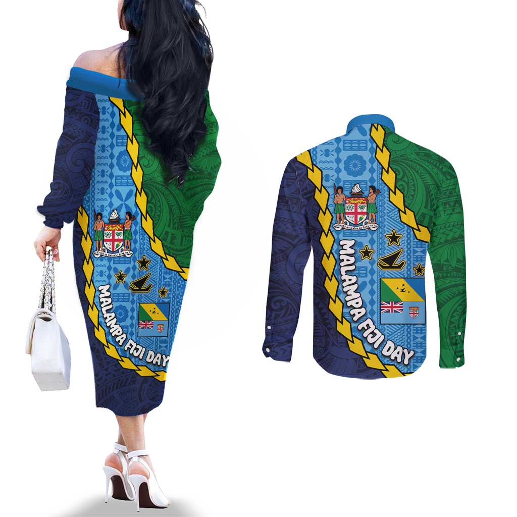 Malampa Fiji Day Couples Matching Off The Shoulder Long Sleeve Dress and Long Sleeve Button Shirt National Symbols with Tapa Tribal and Polynesian Tattoo
