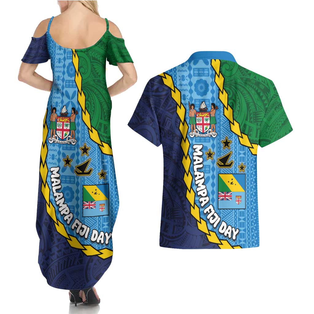 Malampa Fiji Day Couples Matching Summer Maxi Dress and Hawaiian Shirt National Symbols with Tapa Tribal and Polynesian Tattoo