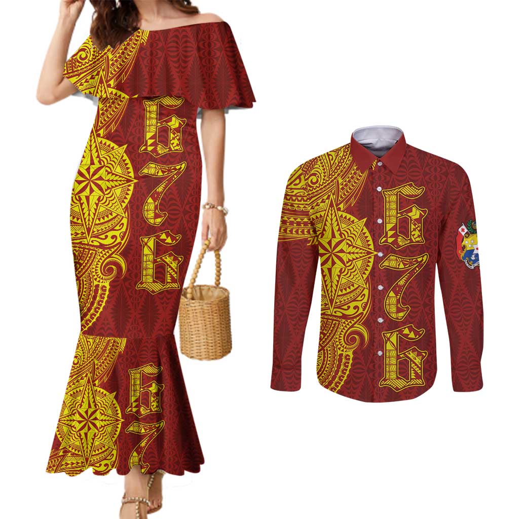 Tonga 676 Ngatu Tribal Tattoo Couples Matching Mermaid Dress and Long Sleeve Button Shirt LT03 Red - Polynesian Pride