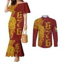 Tonga 676 Ngatu Tribal Tattoo Couples Matching Mermaid Dress and Long Sleeve Button Shirt LT03 Red - Polynesian Pride