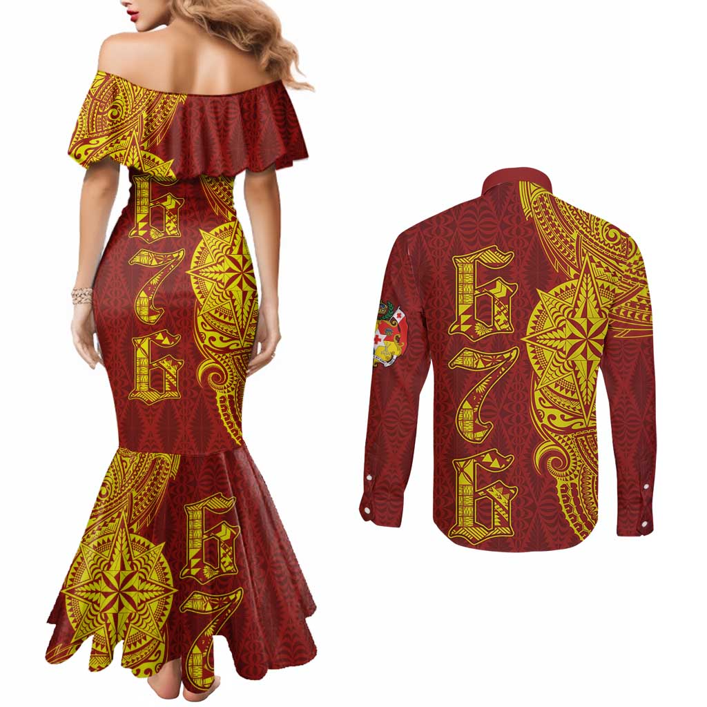 Tonga 676 Ngatu Tribal Tattoo Couples Matching Mermaid Dress and Long Sleeve Button Shirt LT03 - Polynesian Pride