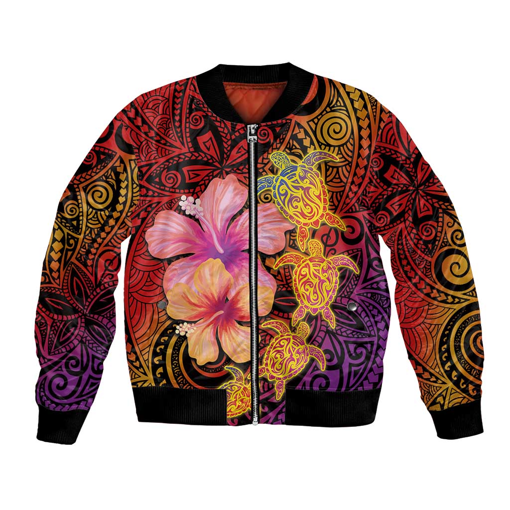 Hawaiian Hibiscus Turtle Tribal Polynesian Pattern Bomber Jacket Colorful Color