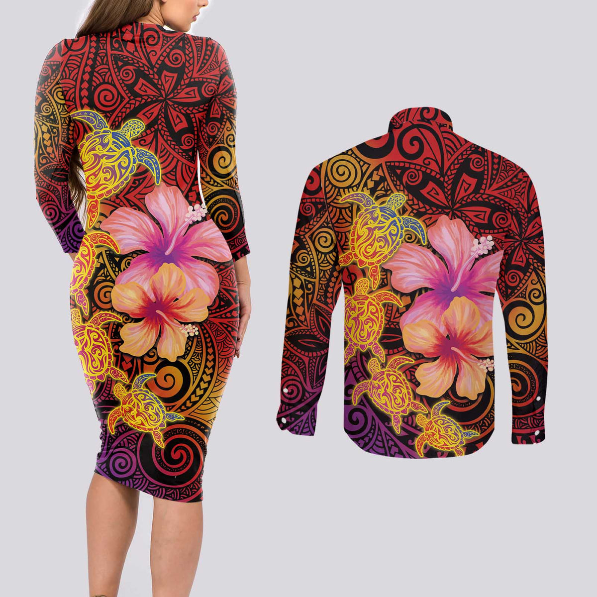 Hawaiian Hibiscus Turtle Tribal Polynesian Pattern Couples Matching Long Sleeve Bodycon Dress and Long Sleeve Button Shirt Colorful Color