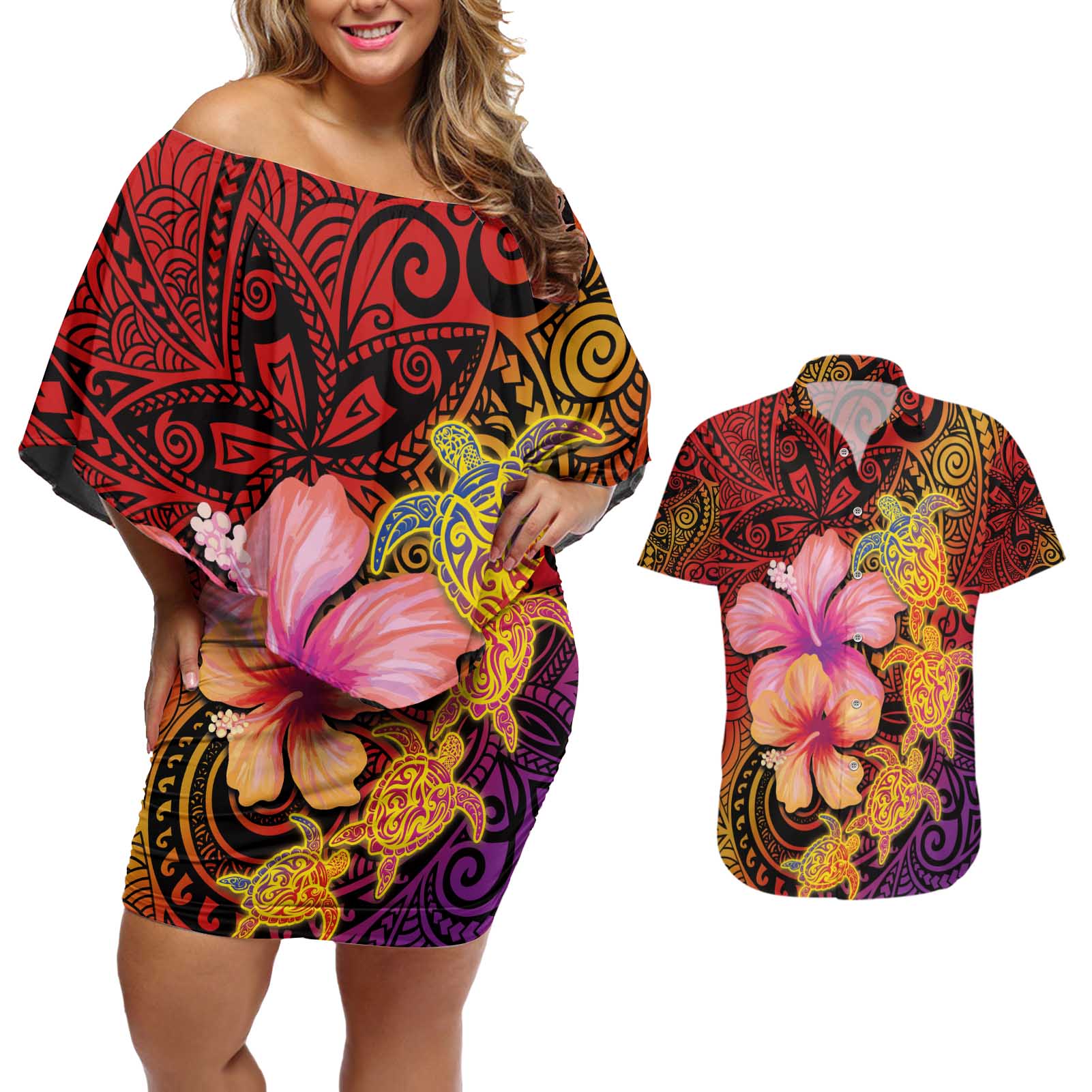 Hawaiian Hibiscus Turtle Tribal Polynesian Pattern Couples Matching Off Shoulder Short Dress and Hawaiian Shirt Colorful Color