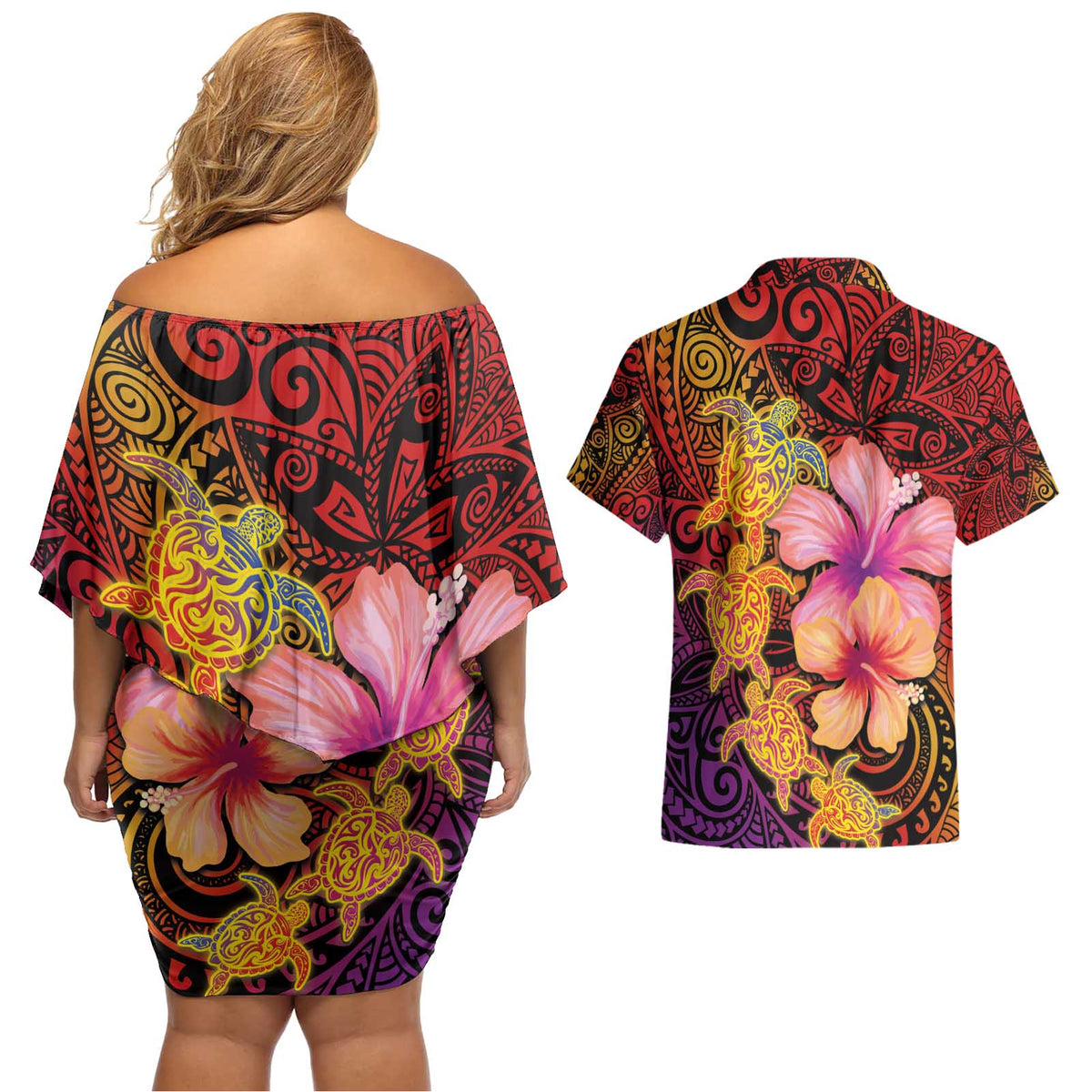 Hawaiian Hibiscus Turtle Tribal Polynesian Pattern Couples Matching Off Shoulder Short Dress and Hawaiian Shirt Colorful Color