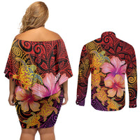 Hawaiian Hibiscus Turtle Tribal Polynesian Pattern Couples Matching Off Shoulder Short Dress and Long Sleeve Button Shirt Colorful Color