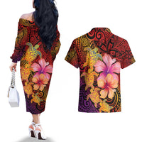 Hawaiian Hibiscus Turtle Tribal Polynesian Pattern Couples Matching Off The Shoulder Long Sleeve Dress and Hawaiian Shirt Colorful Color
