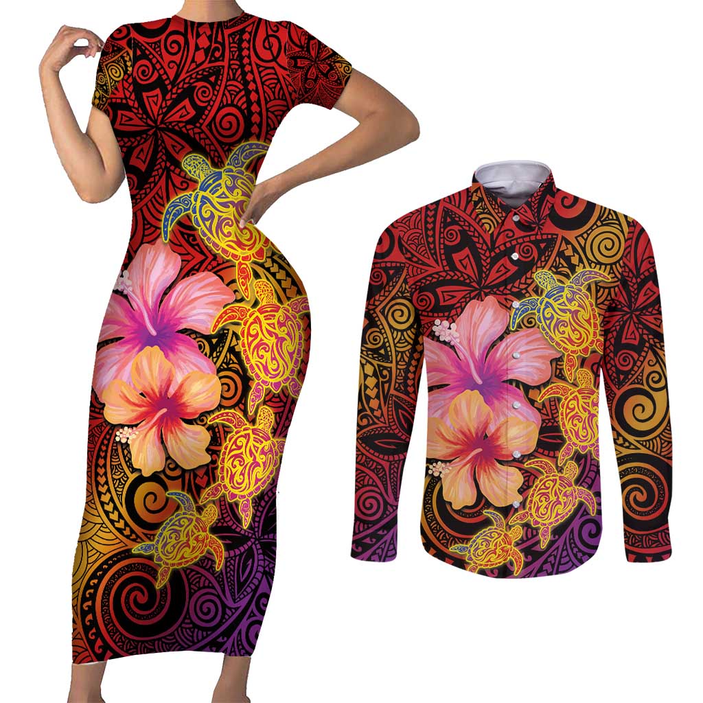 Hawaiian Hibiscus Turtle Tribal Polynesian Pattern Couples Matching Short Sleeve Bodycon Dress and Long Sleeve Button Shirt Colorful Color