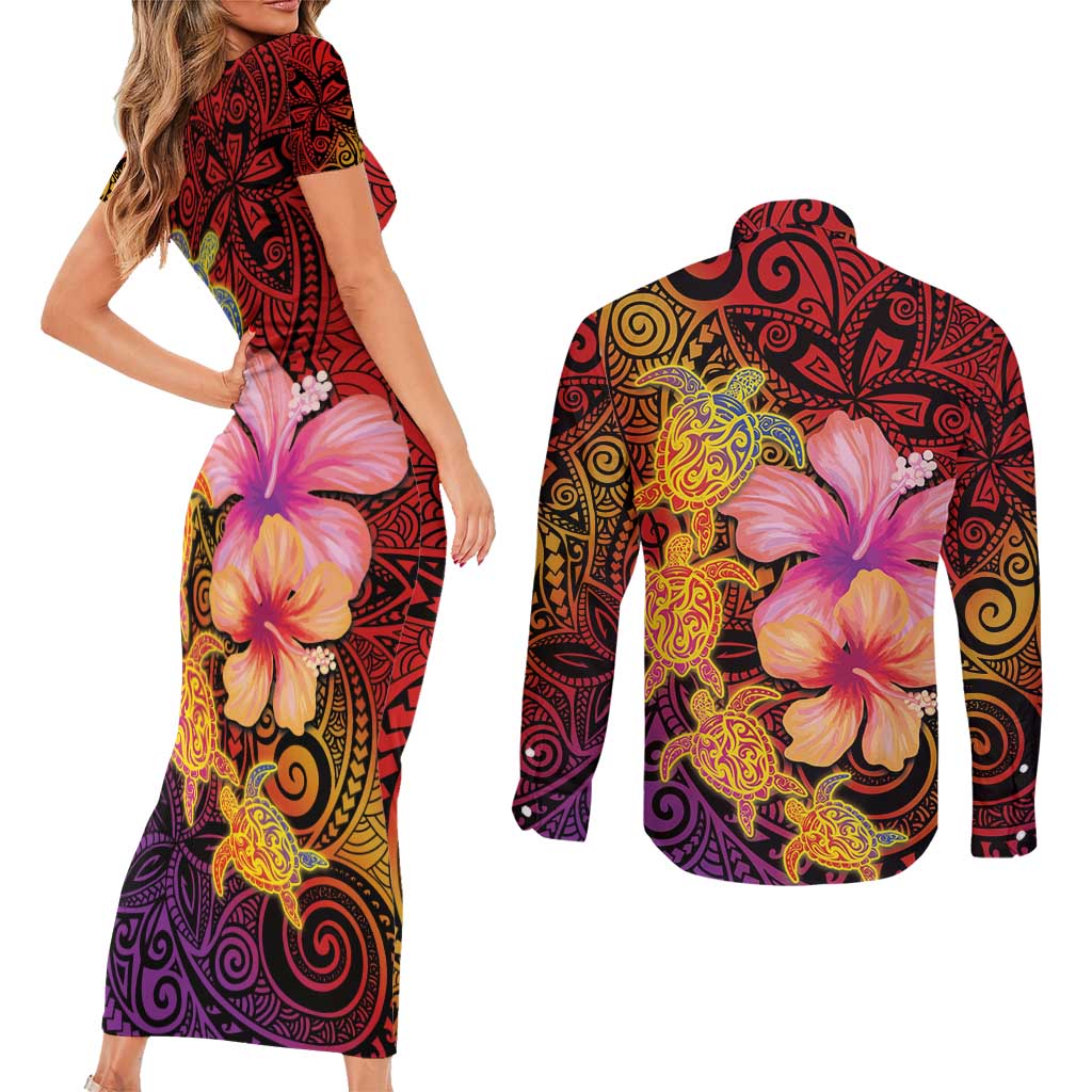 Hawaiian Hibiscus Turtle Tribal Polynesian Pattern Couples Matching Short Sleeve Bodycon Dress and Long Sleeve Button Shirt Colorful Color
