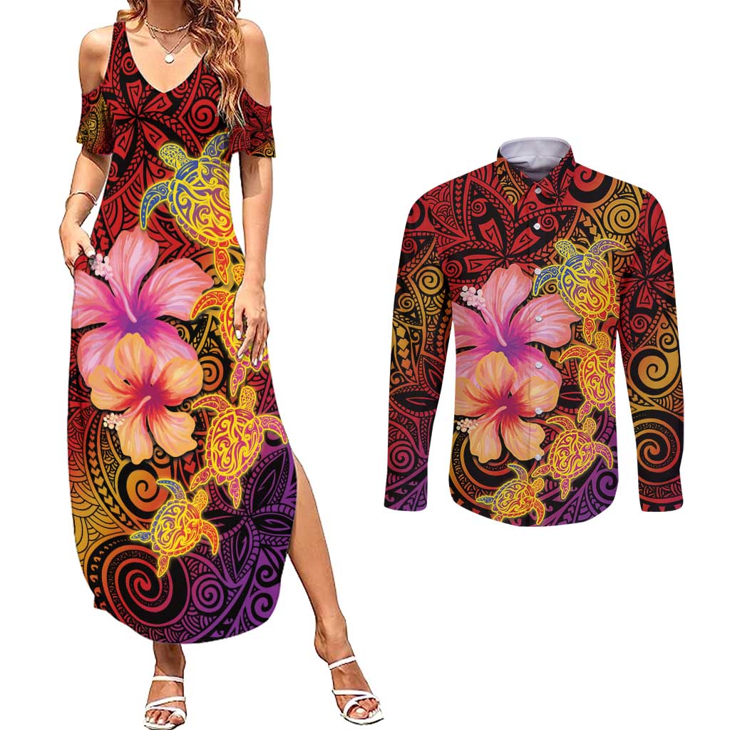Hawaiian Hibiscus Turtle Tribal Polynesian Pattern Couples Matching Summer Maxi Dress and Long Sleeve Button Shirt Colorful Color