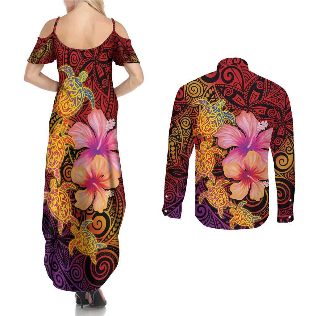 Hawaiian Hibiscus Turtle Tribal Polynesian Pattern Couples Matching Summer Maxi Dress and Long Sleeve Button Shirt Colorful Color