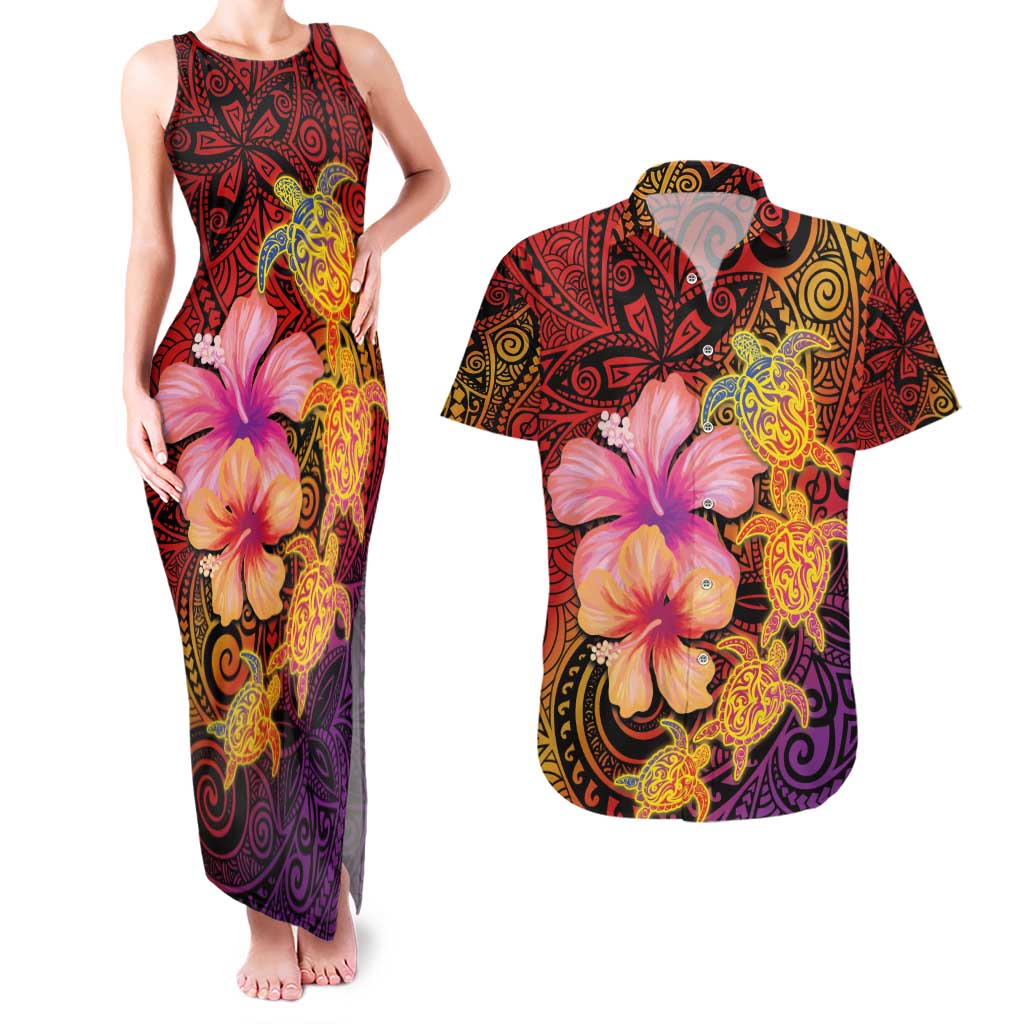 Hawaiian Hibiscus Turtle Tribal Polynesian Pattern Couples Matching Tank Maxi Dress and Hawaiian Shirt Colorful Color