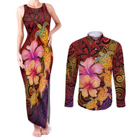 Hawaiian Hibiscus Turtle Tribal Polynesian Pattern Couples Matching Tank Maxi Dress and Long Sleeve Button Shirt Colorful Color