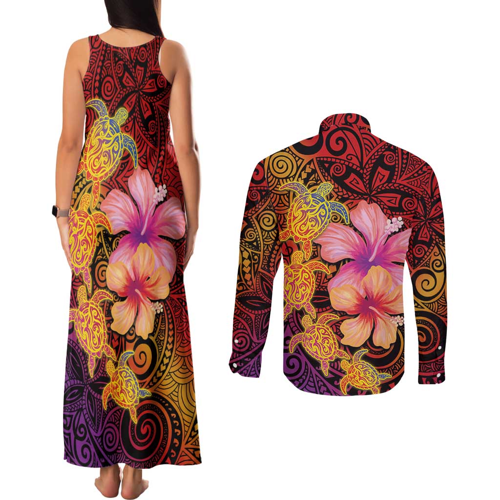 Hawaiian Hibiscus Turtle Tribal Polynesian Pattern Couples Matching Tank Maxi Dress and Long Sleeve Button Shirt Colorful Color