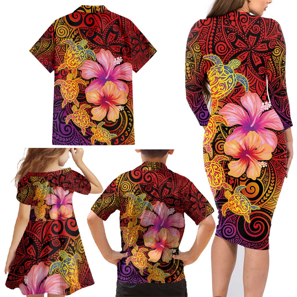 Hawaiian Hibiscus Turtle Tribal Polynesian Pattern Family Matching Long Sleeve Bodycon Dress and Hawaiian Shirt Colorful Color