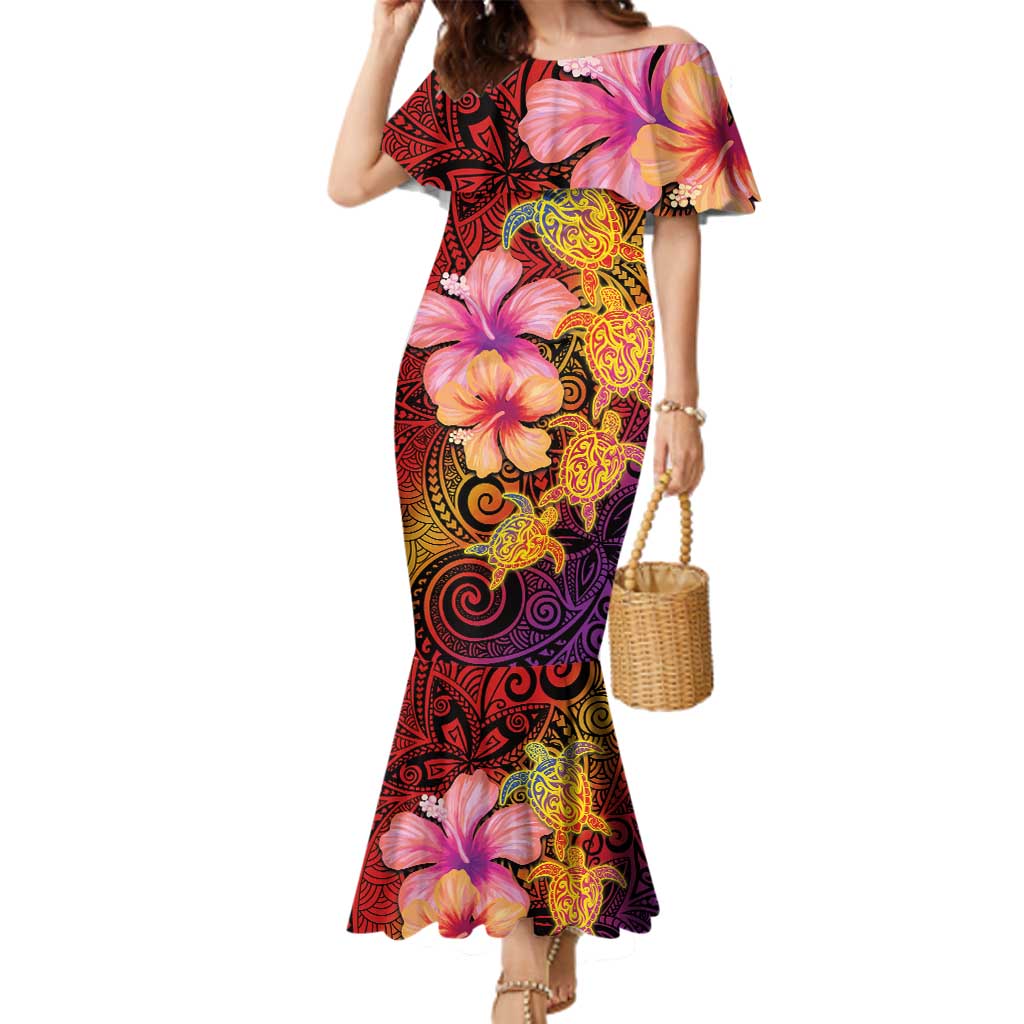 Hawaiian Hibiscus Turtle Tribal Polynesian Pattern Family Matching Mermaid Dress and Hawaiian Shirt Colorful Color