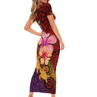 Hawaiian Hibiscus Turtle Tribal Polynesian Pattern Family Matching Short Sleeve Bodycon Dress and Hawaiian Shirt Colorful Color