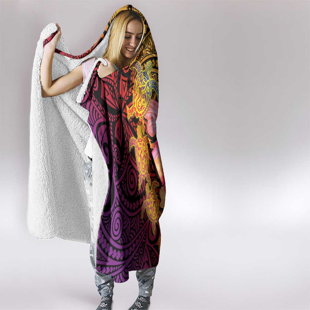 Hawaiian Hibiscus Turtle Tribal Polynesian Pattern Hooded Blanket Colorful Color
