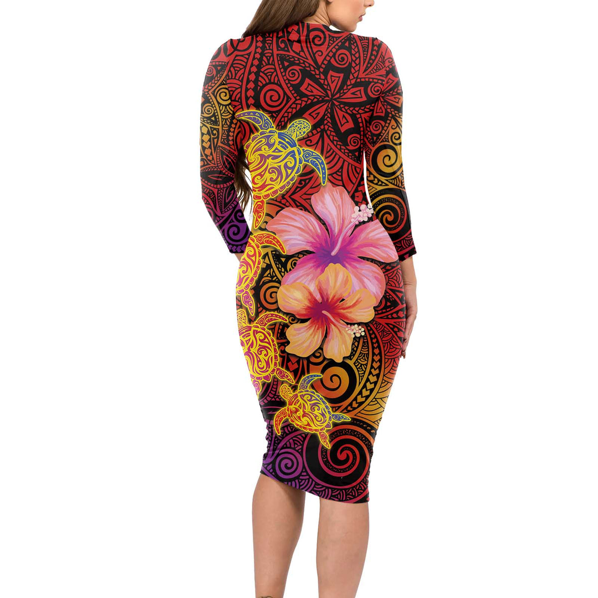 Hawaiian Hibiscus Turtle Tribal Polynesian Pattern Long Sleeve Bodycon Dress Colorful Color