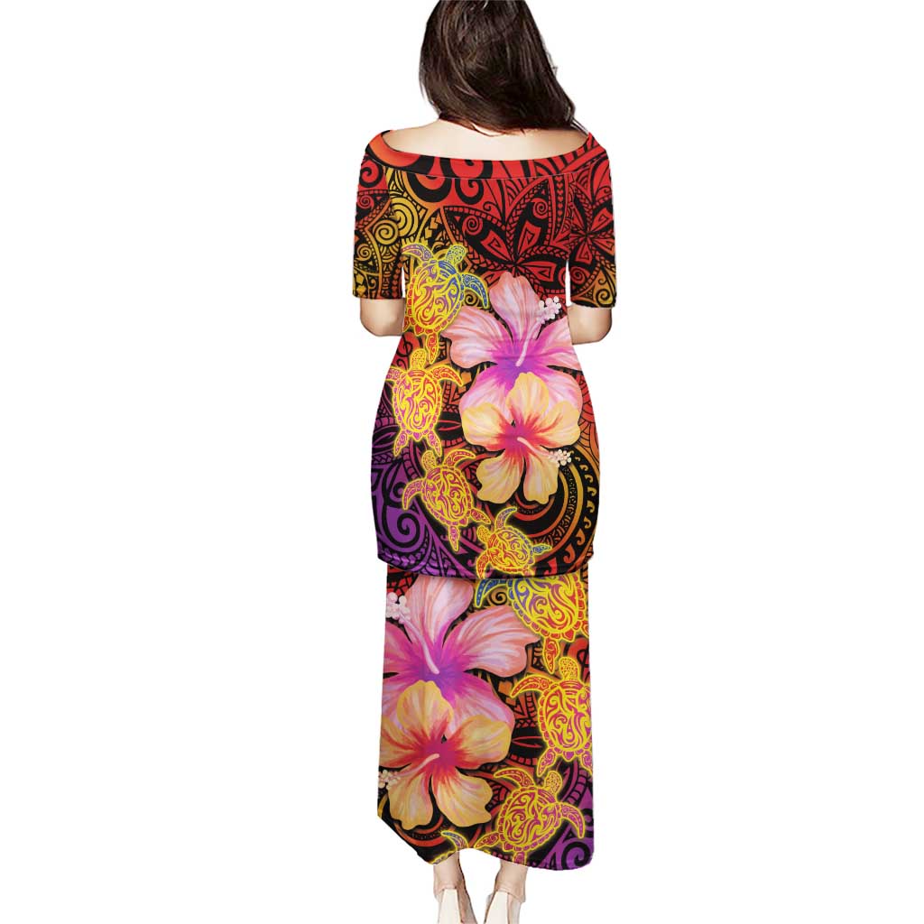 Hawaiian Hibiscus Turtle Tribal Polynesian Pattern Puletasi Colorful Color