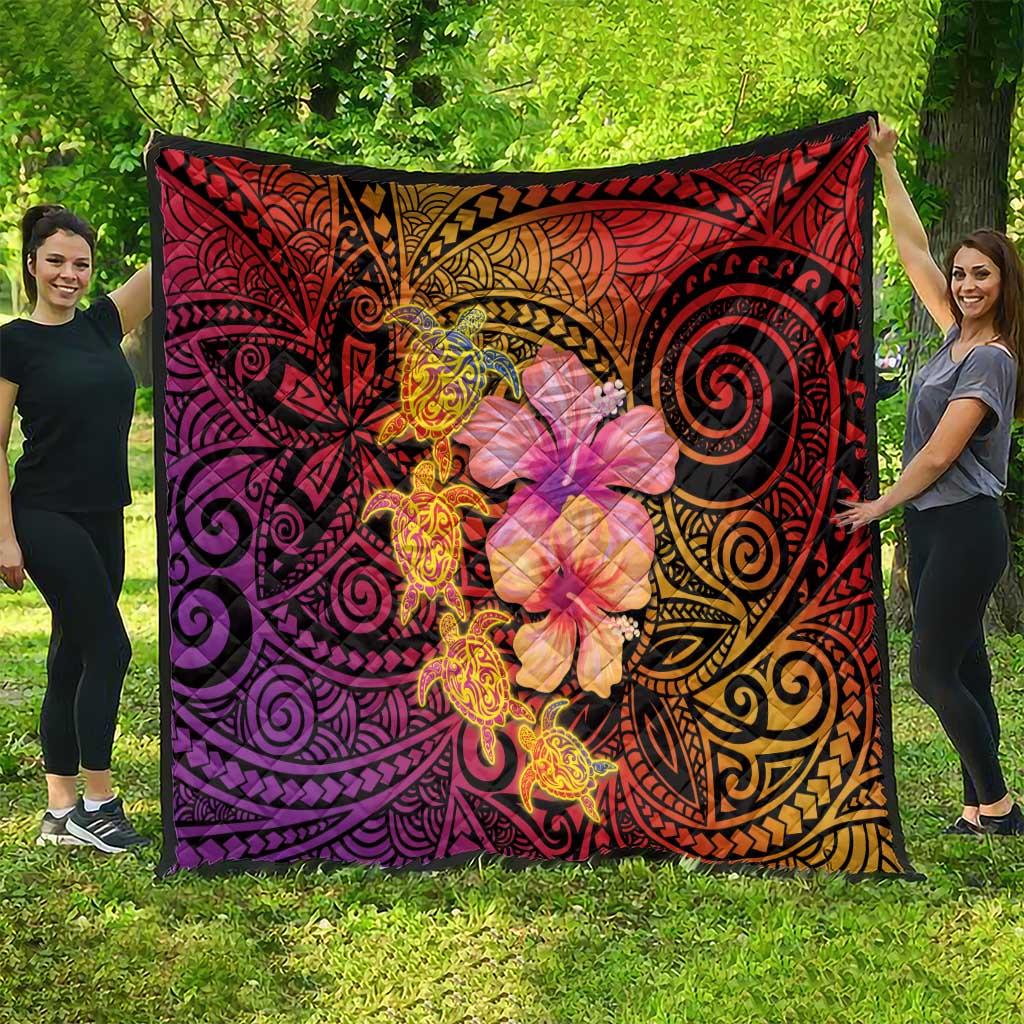 Hawaiian Hibiscus Turtle Tribal Polynesian Pattern Quilt Colorful Color