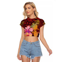 Hawaiian Hibiscus Turtle Tribal Polynesian Pattern Raglan Cropped T Shirt Colorful Color LT03 Female Red - Polynesian Pride