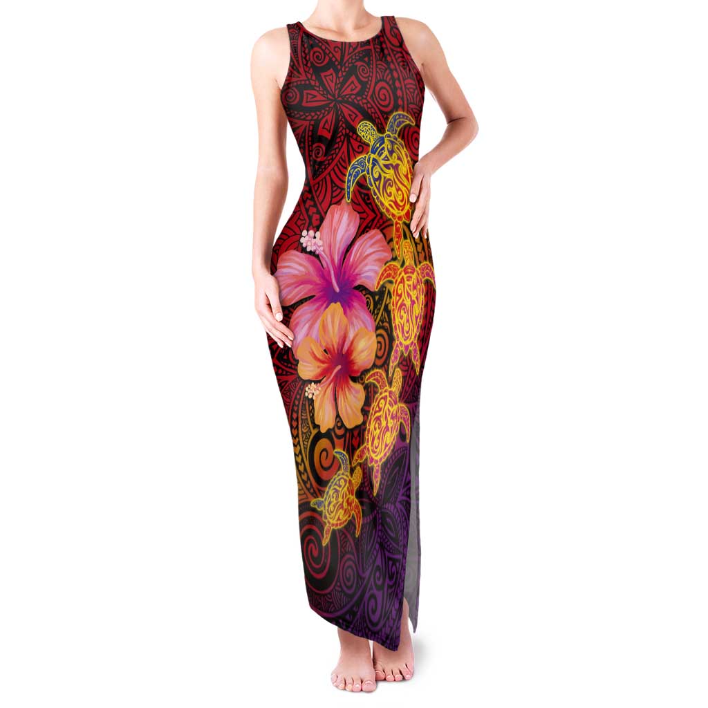 Hawaiian Hibiscus Turtle Tribal Polynesian Pattern Tank Maxi Dress Colorful Color