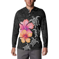 Hawaiian Hibiscus Turtle Tribal Polynesian Pattern Button Sweatshirt Black Color