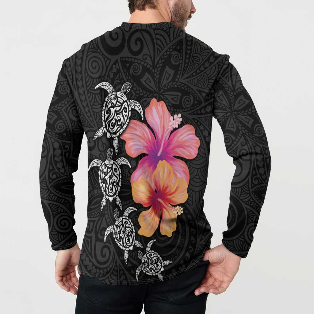 Hawaiian Hibiscus Turtle Tribal Polynesian Pattern Button Sweatshirt Black Color
