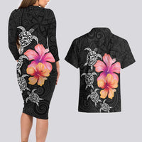 Hawaiian Hibiscus Turtle Tribal Polynesian Pattern Couples Matching Long Sleeve Bodycon Dress and Hawaiian Shirt Black Color