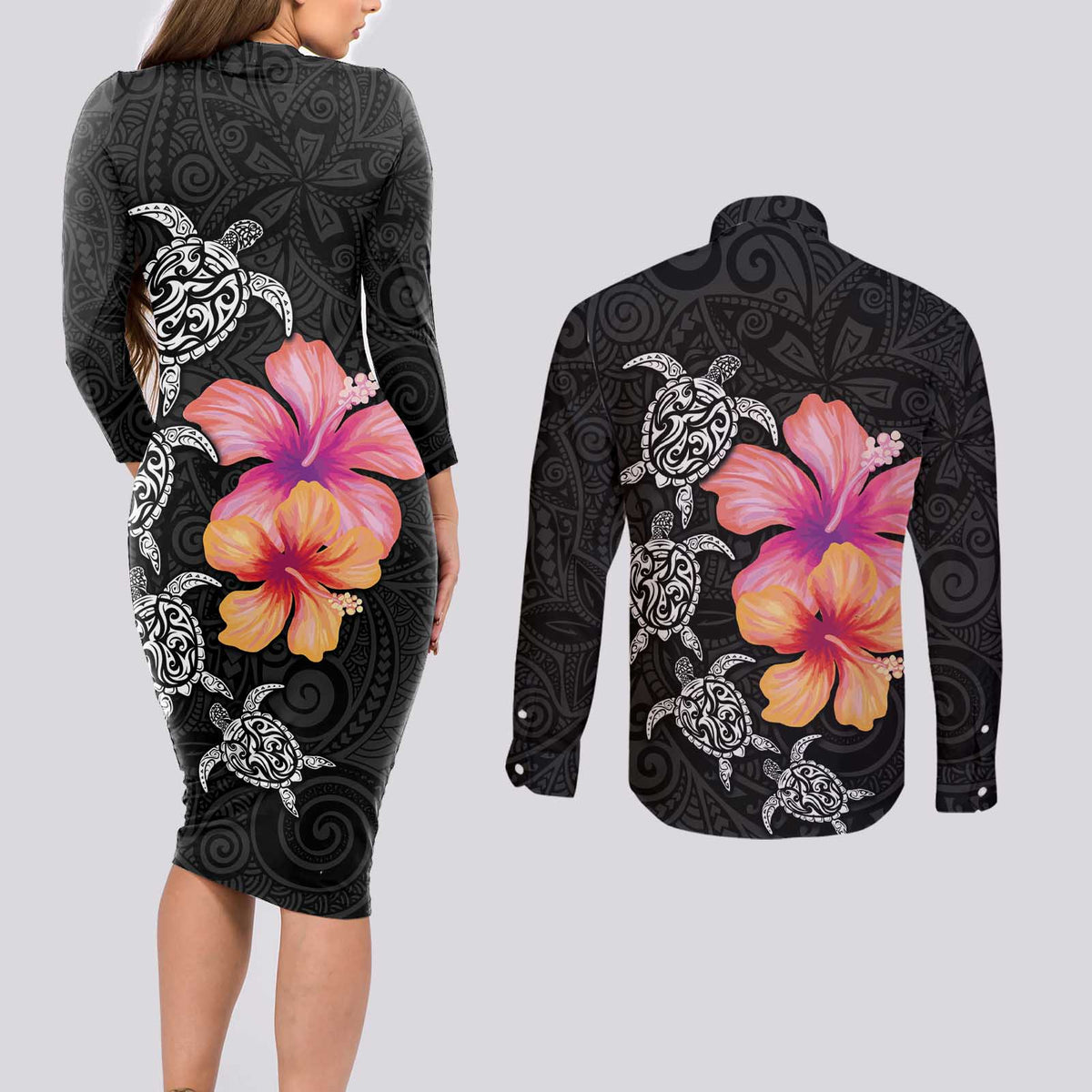 Hawaiian Hibiscus Turtle Tribal Polynesian Pattern Couples Matching Long Sleeve Bodycon Dress and Long Sleeve Button Shirt Black Color