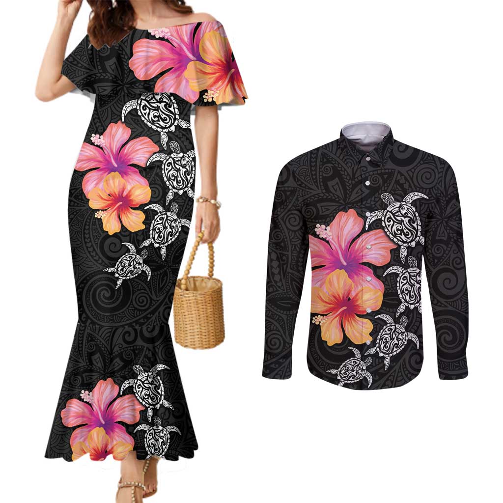 Hawaiian Hibiscus Turtle Tribal Polynesian Pattern Couples Matching Mermaid Dress and Long Sleeve Button Shirt Black Color