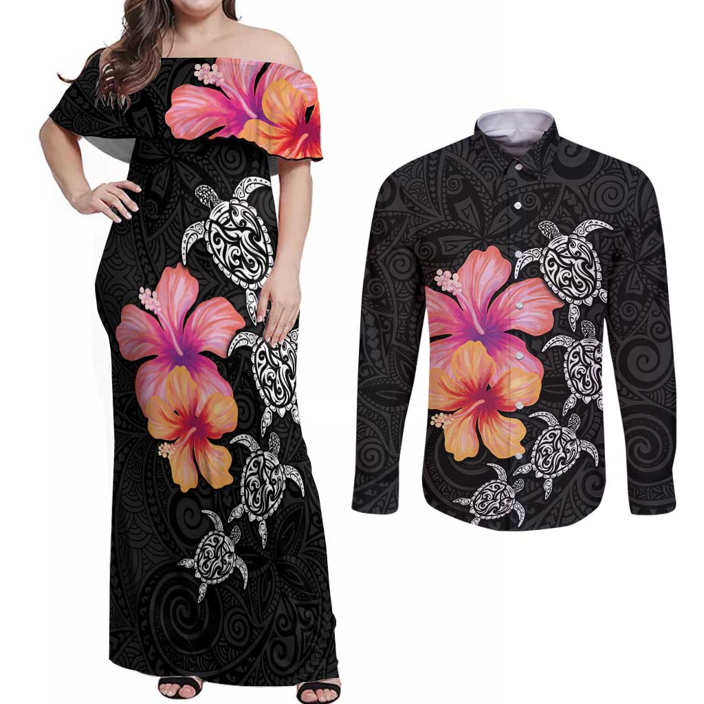 Hawaiian Hibiscus Turtle Tribal Polynesian Pattern Couples Matching Off Shoulder Maxi Dress and Long Sleeve Button Shirt Black Color