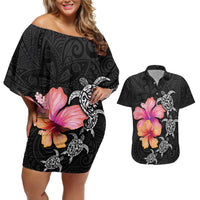Hawaiian Hibiscus Turtle Tribal Polynesian Pattern Couples Matching Off Shoulder Short Dress and Hawaiian Shirt Black Color