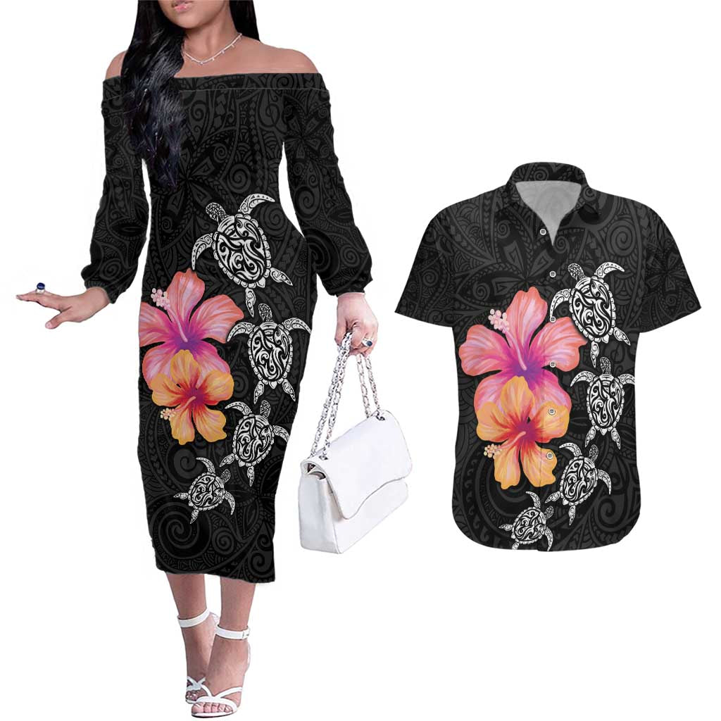 Hawaiian Hibiscus Turtle Tribal Polynesian Pattern Couples Matching Off The Shoulder Long Sleeve Dress and Hawaiian Shirt Black Color