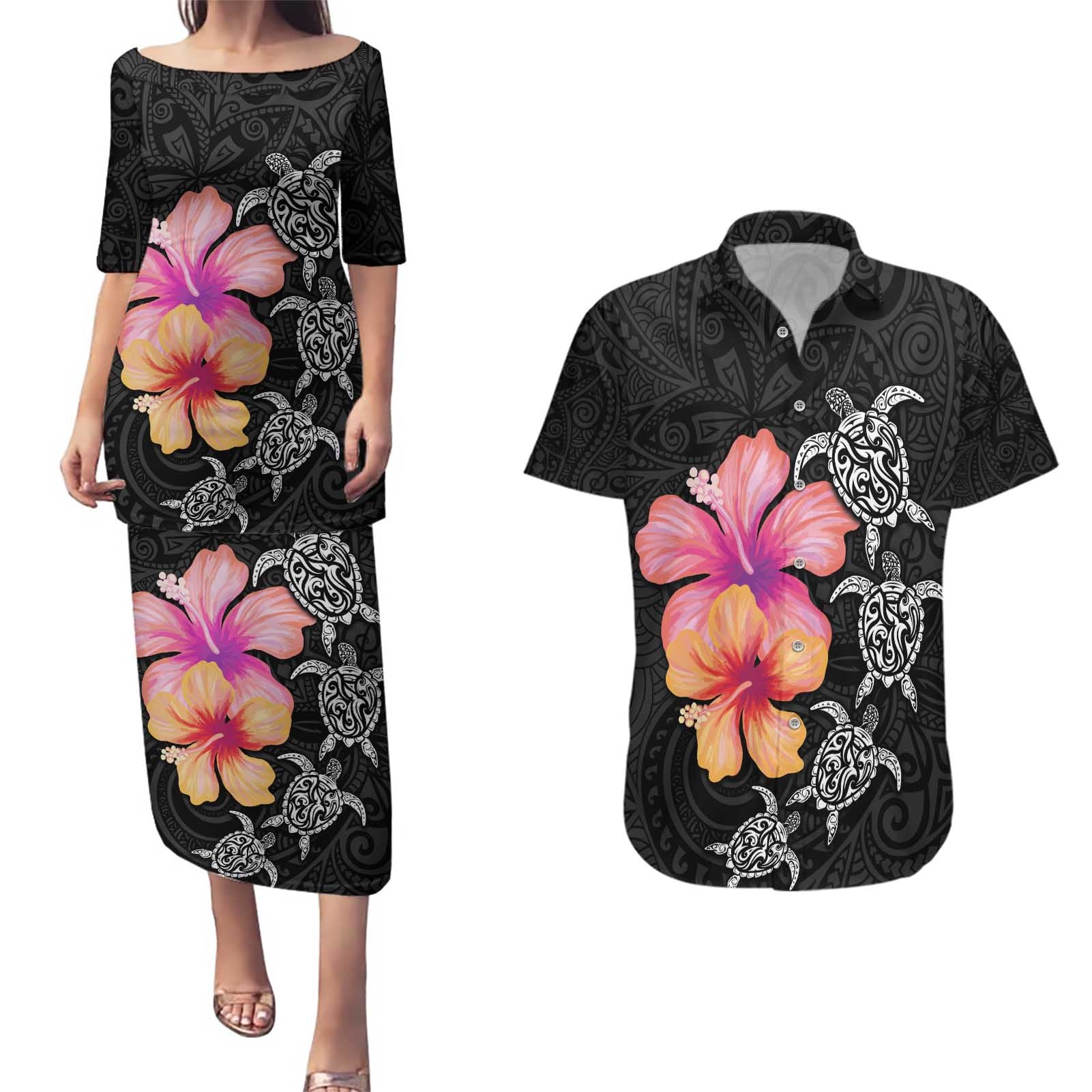 Hawaiian Hibiscus Turtle Tribal Polynesian Pattern Couples Matching Puletasi and Hawaiian Shirt Black Color