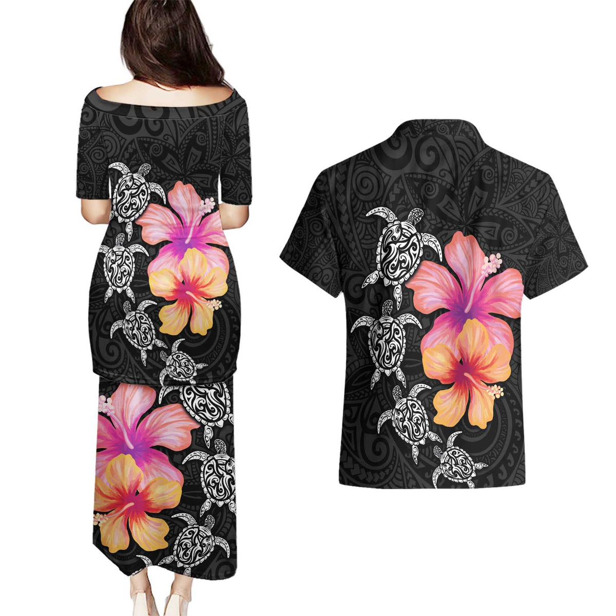 Hawaiian Hibiscus Turtle Tribal Polynesian Pattern Couples Matching Puletasi and Hawaiian Shirt Black Color