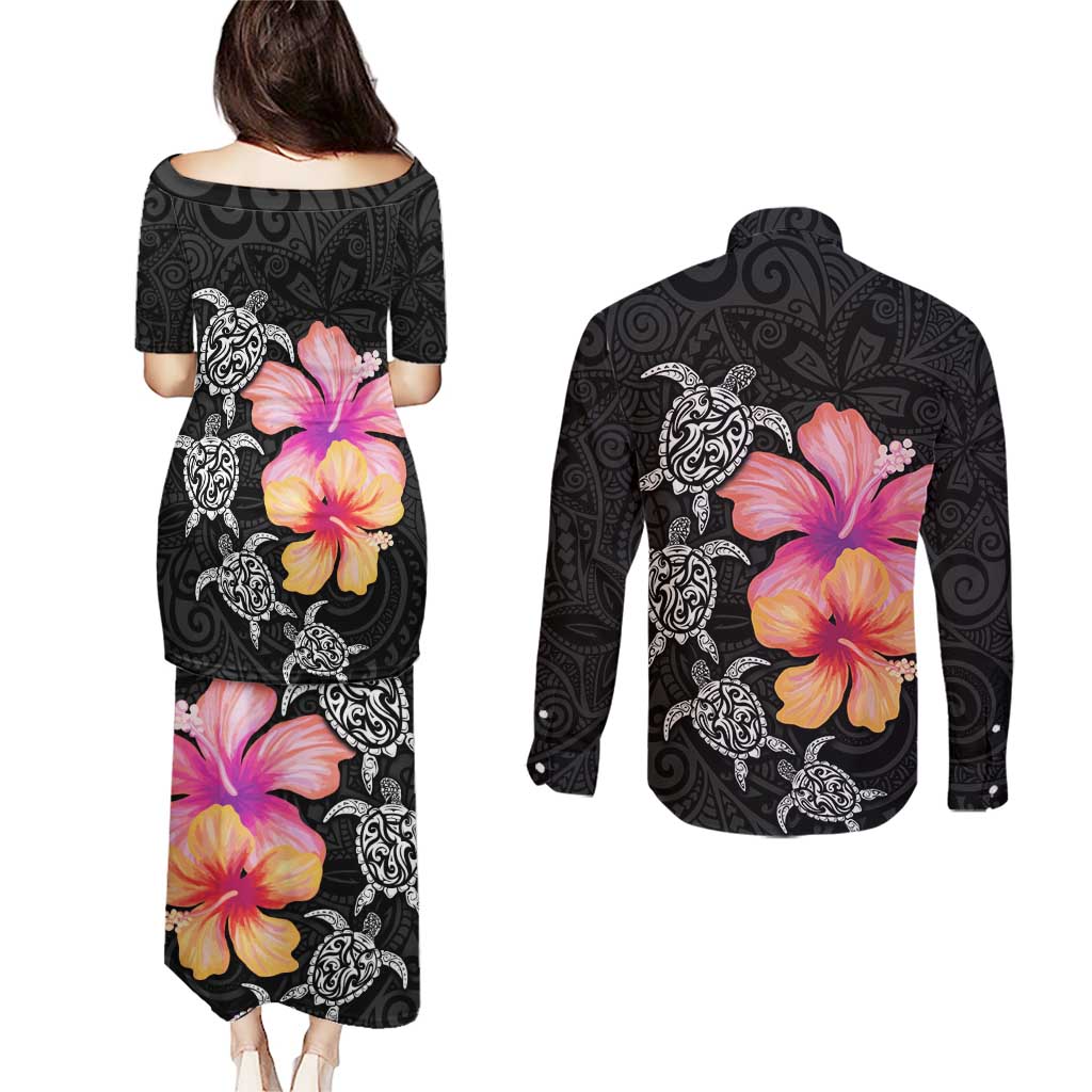 Hawaiian Hibiscus Turtle Tribal Polynesian Pattern Couples Matching Puletasi and Long Sleeve Button Shirt Black Color