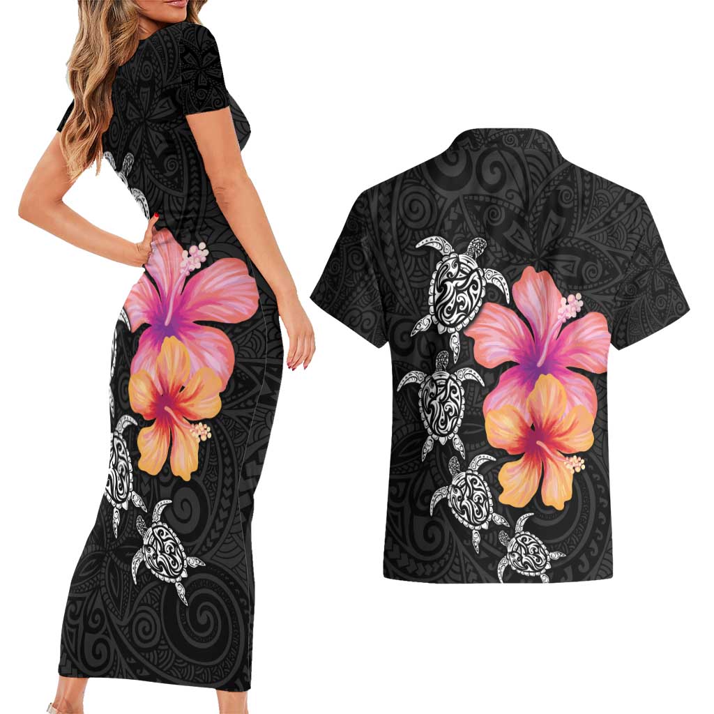 Hawaiian Hibiscus Turtle Tribal Polynesian Pattern Couples Matching Short Sleeve Bodycon Dress and Hawaiian Shirt Black Color
